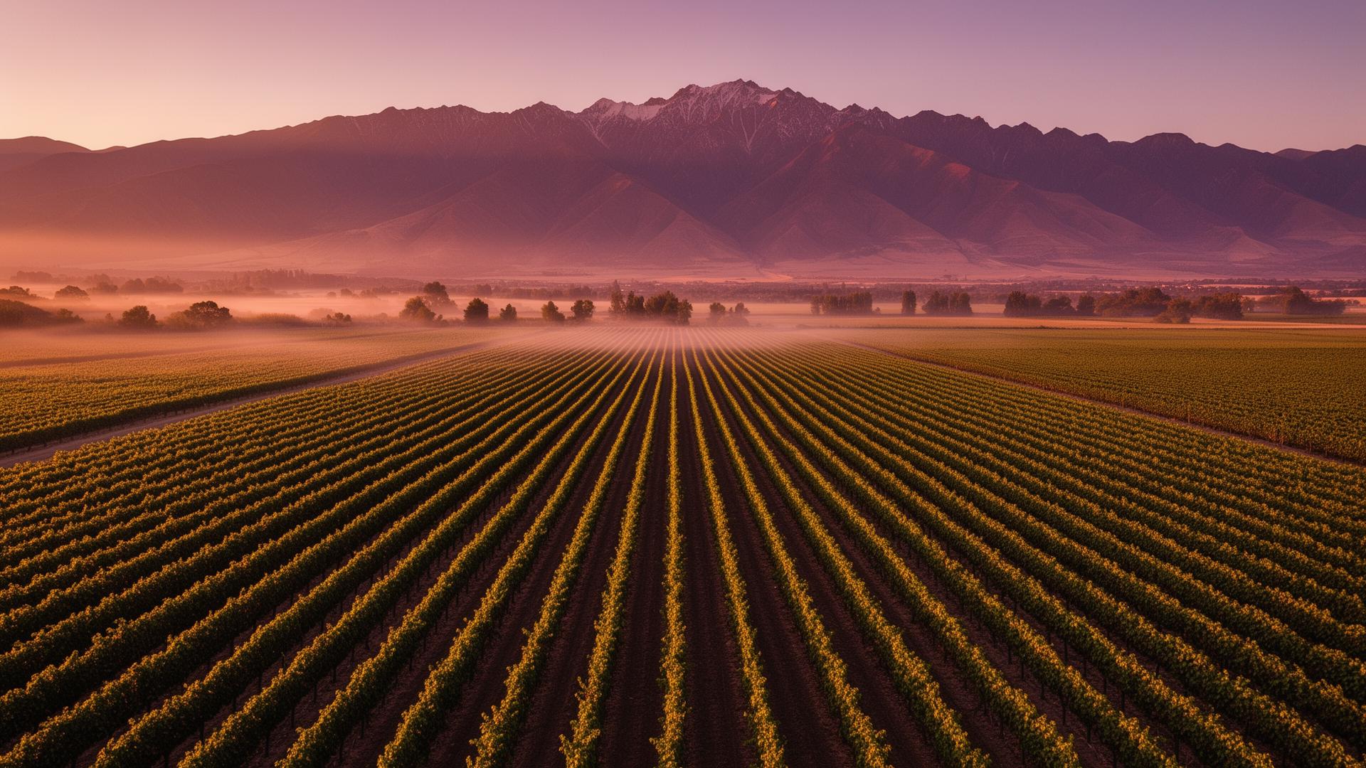 Colchagua Valley vineyards at sunset with the Andes in the background